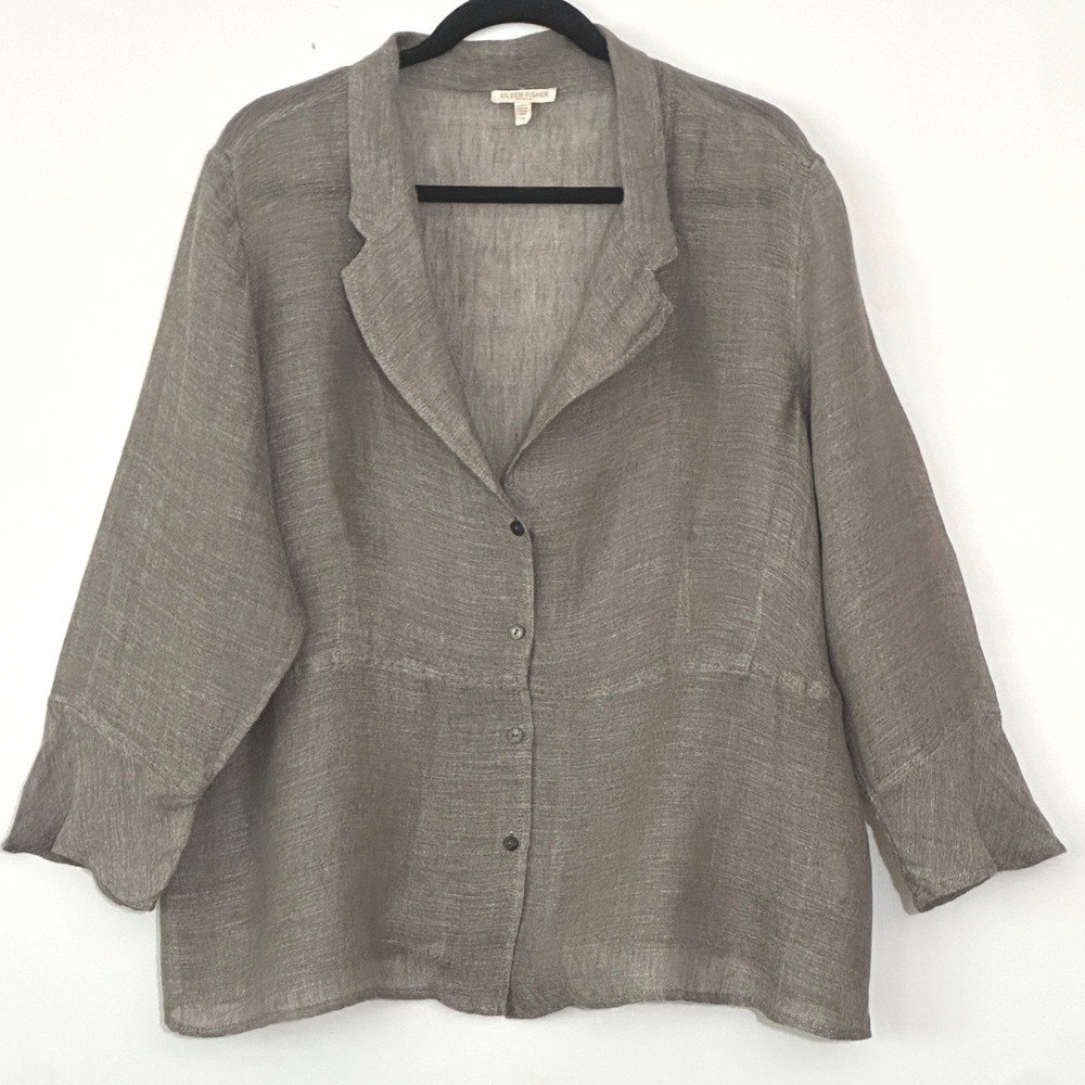 Eileen Fisher Woman Plus 1X Taupe 100% Linen Gauze Blazer Shirt Jacket Lagenlook